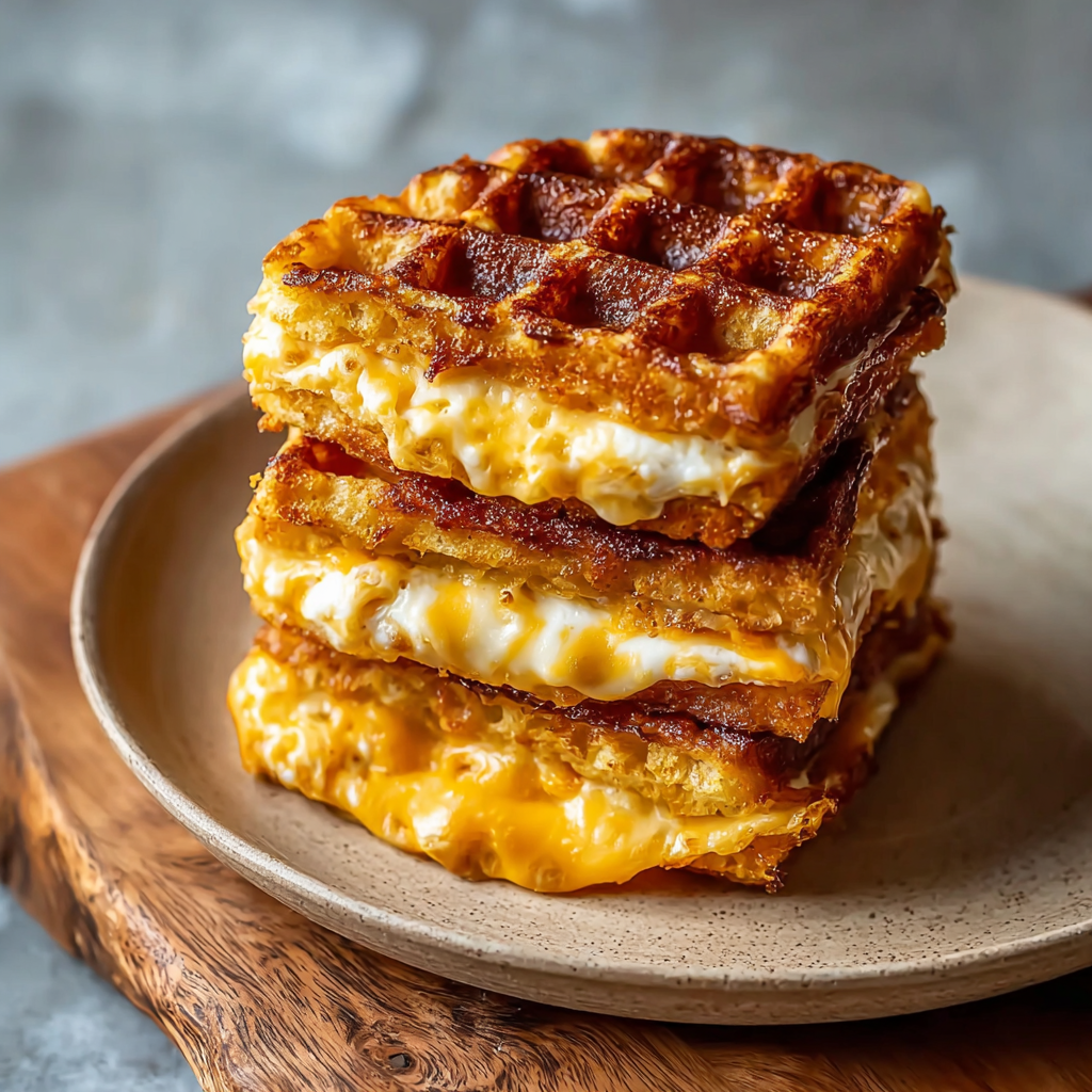 Golden grilled chaffle sandwich sliced on a board