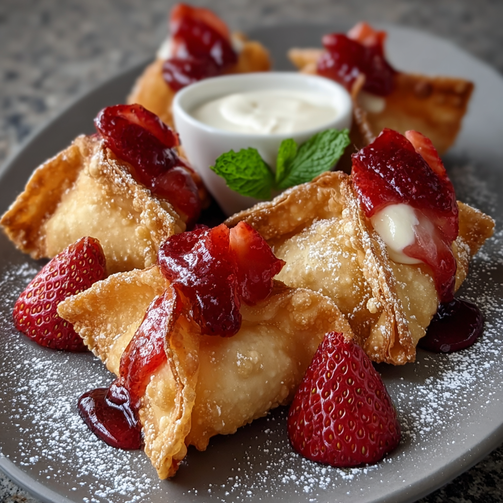 Fried strawberry cheesecake wonton pieces plated with jam and whipped cream