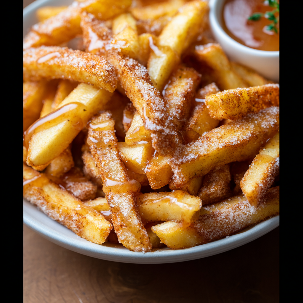 Air fryer apple fries on a plate with caramel dip