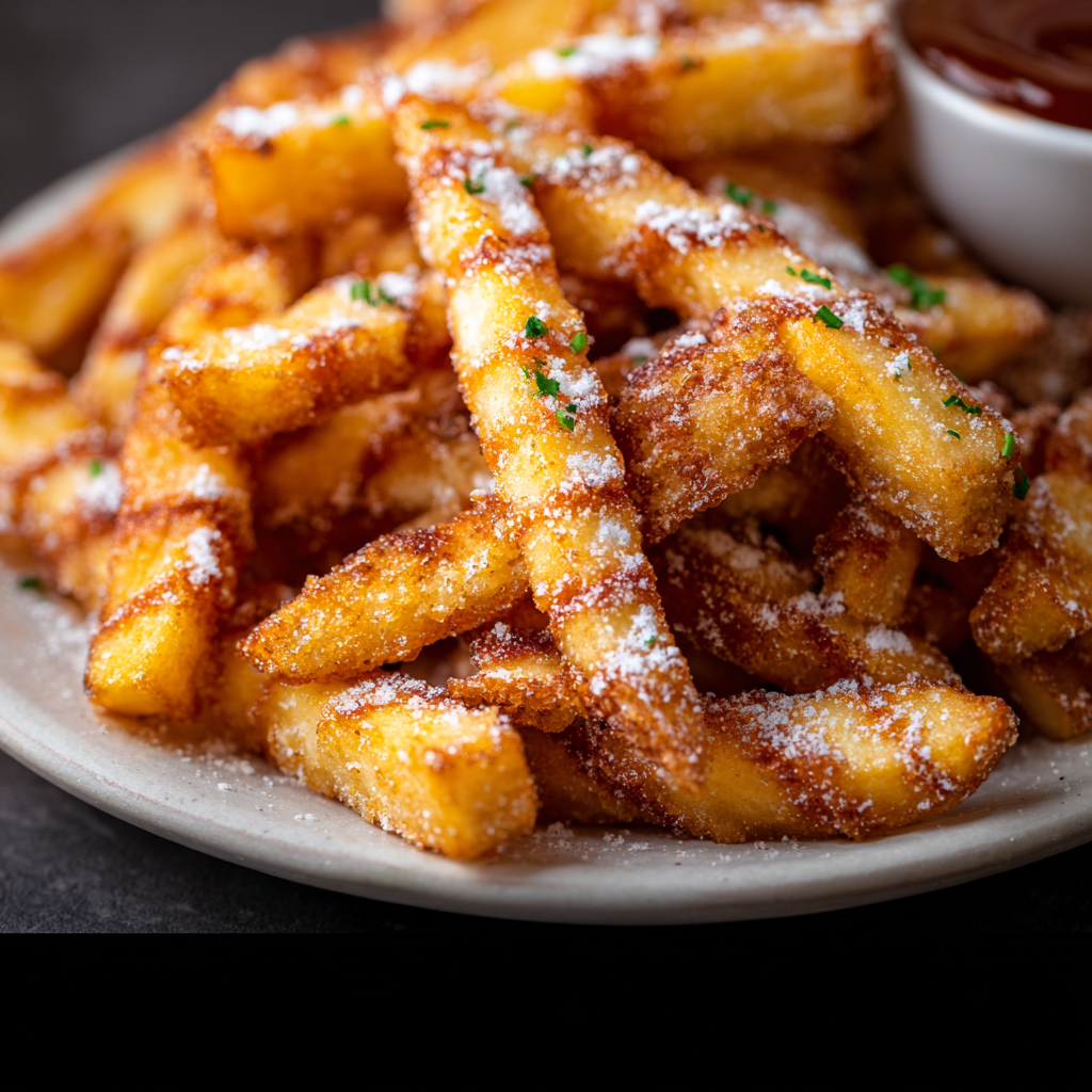 Close-up of crispy apple fries showing cinnamon sugar coating
