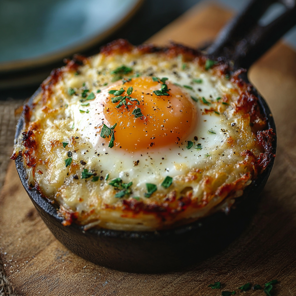 Close up of a baked egg tart with chives