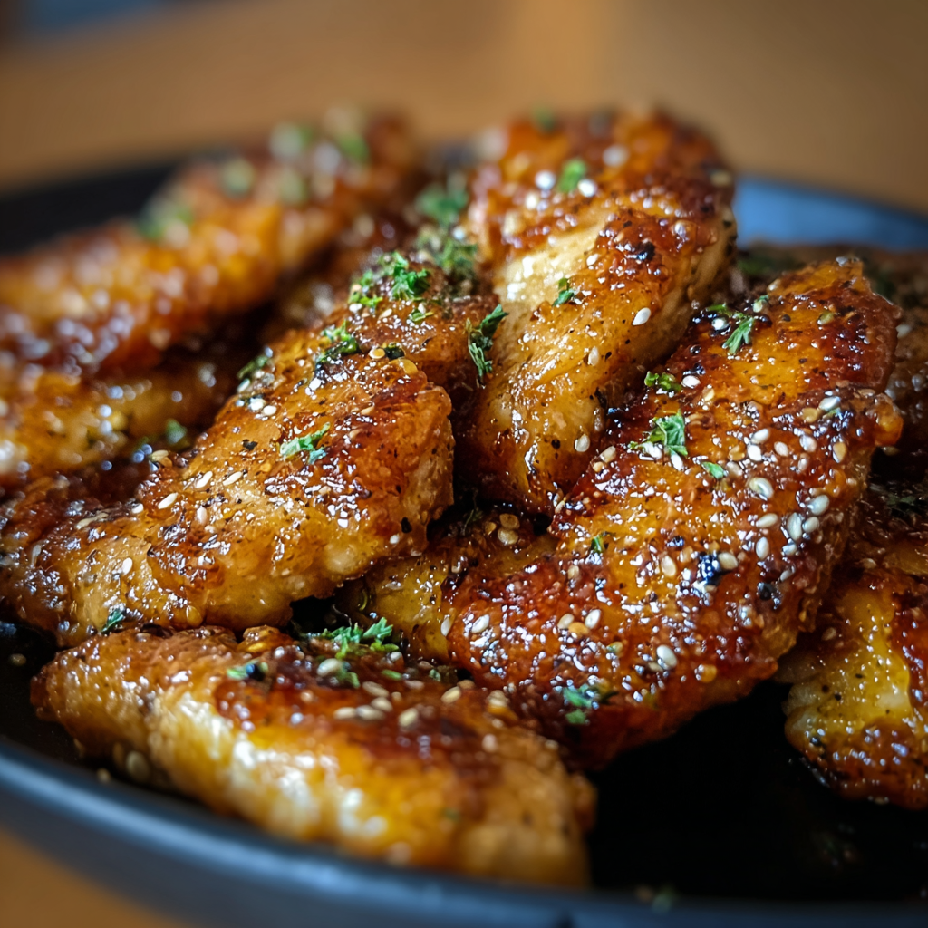 Plated honey butter garlic chicken tenders with dipping sauce