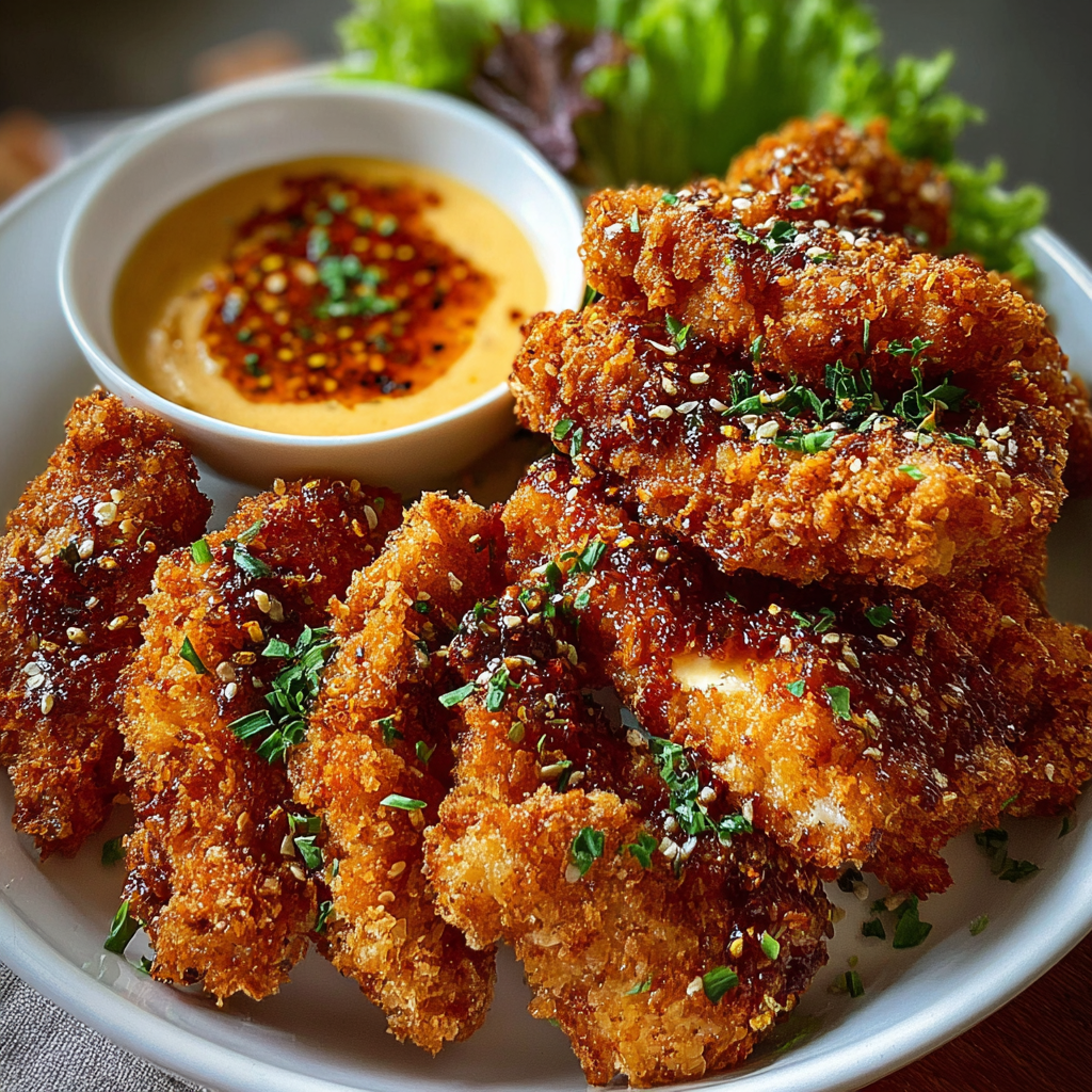 Crispy chicken pieces on a baking sheet