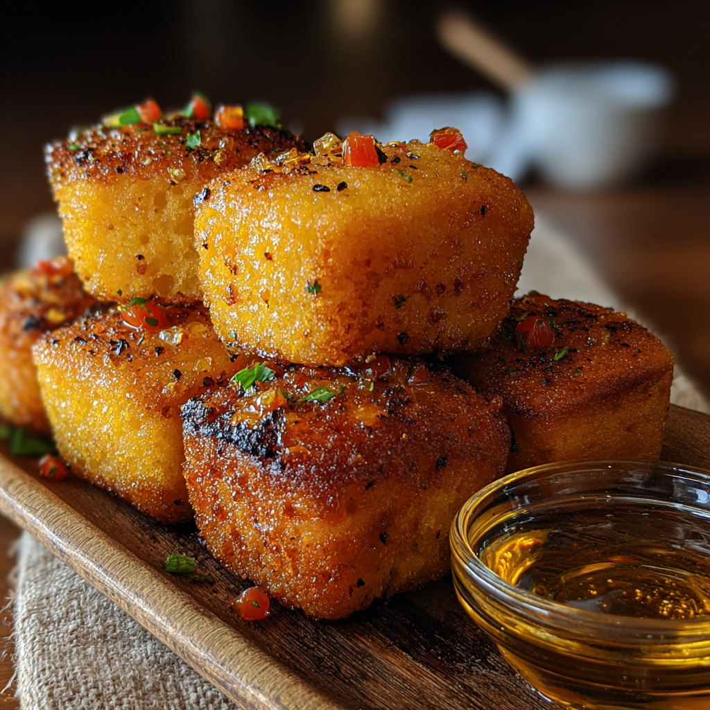 Close-up of cornbread ball with herb garnish