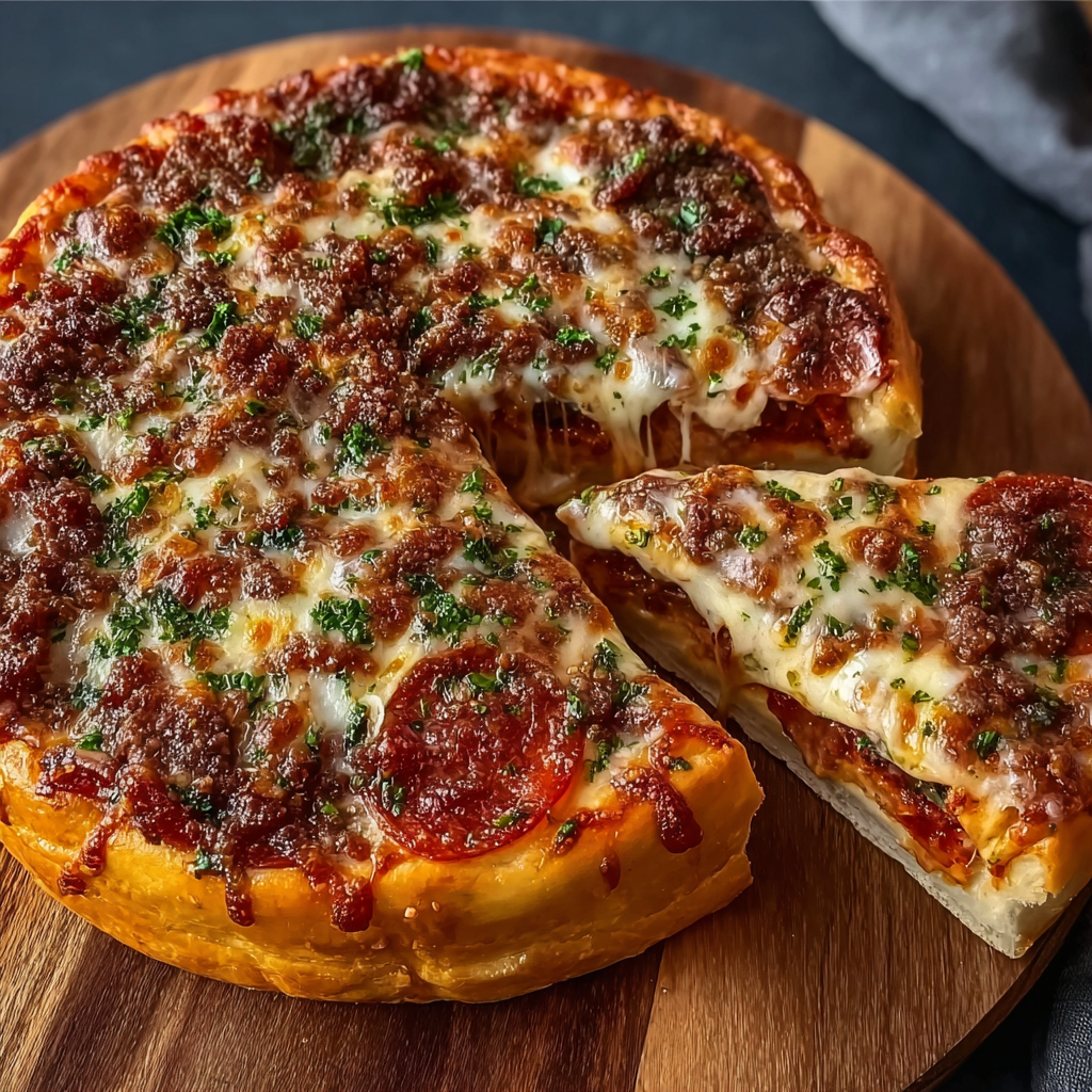 Thick-crust pizza pie with bubbling cheese on a pan