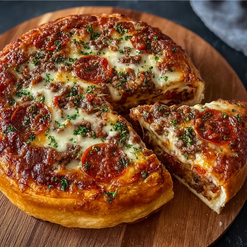Sliced thick-crust pizza on a wooden board
