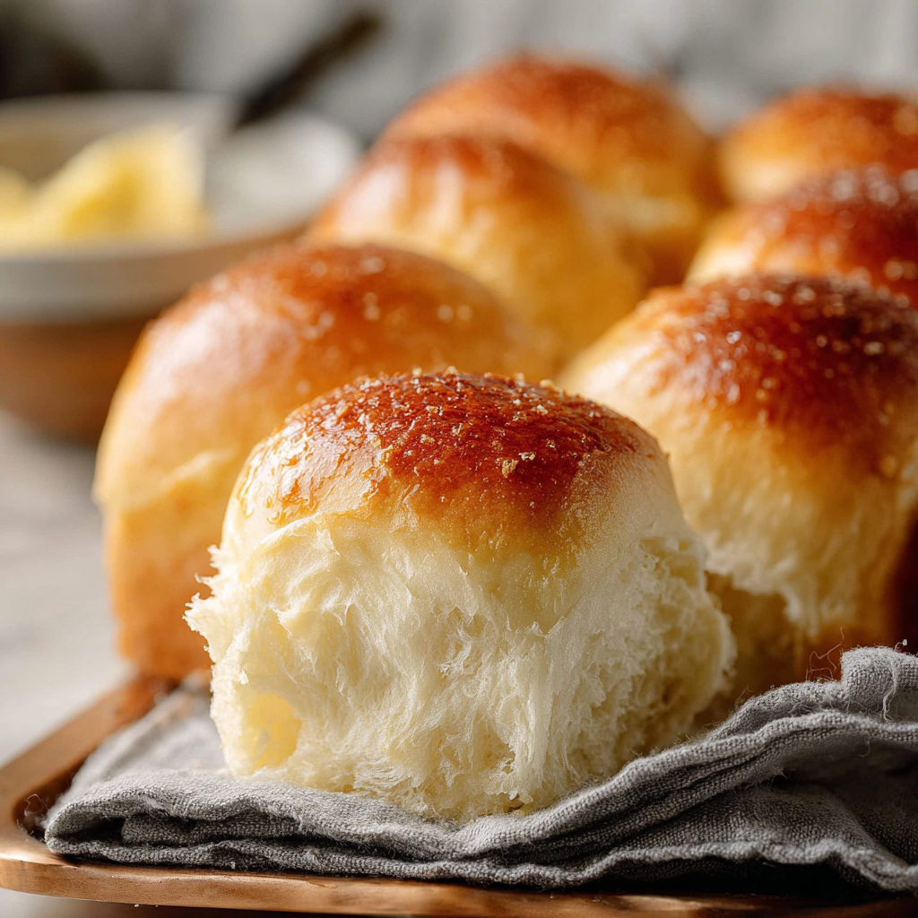 Baked golden dinner rolls in a baking dish