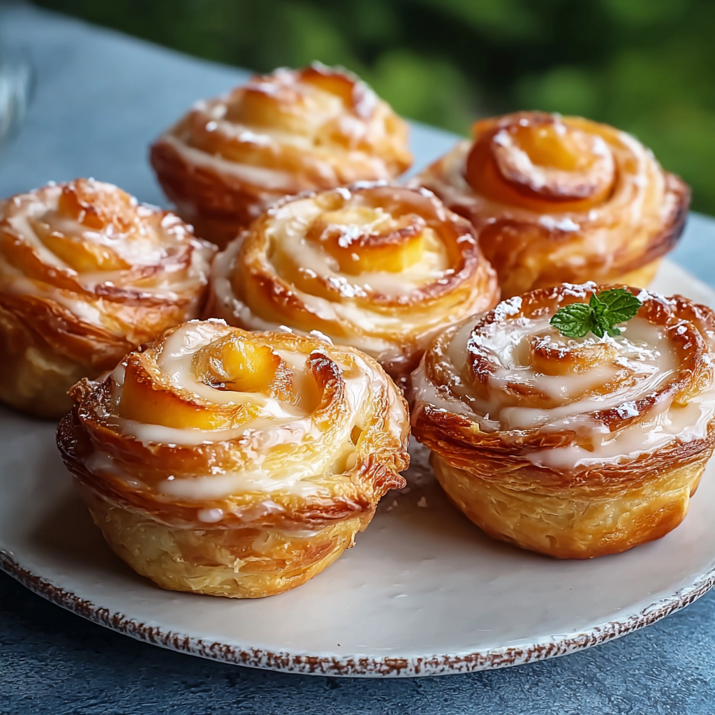 Fresh peach pie cruffins on a cooling rack