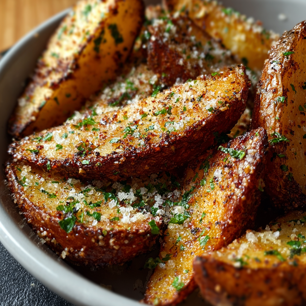 Oven-baked garlic parmesan potato wedges on a sheet pan