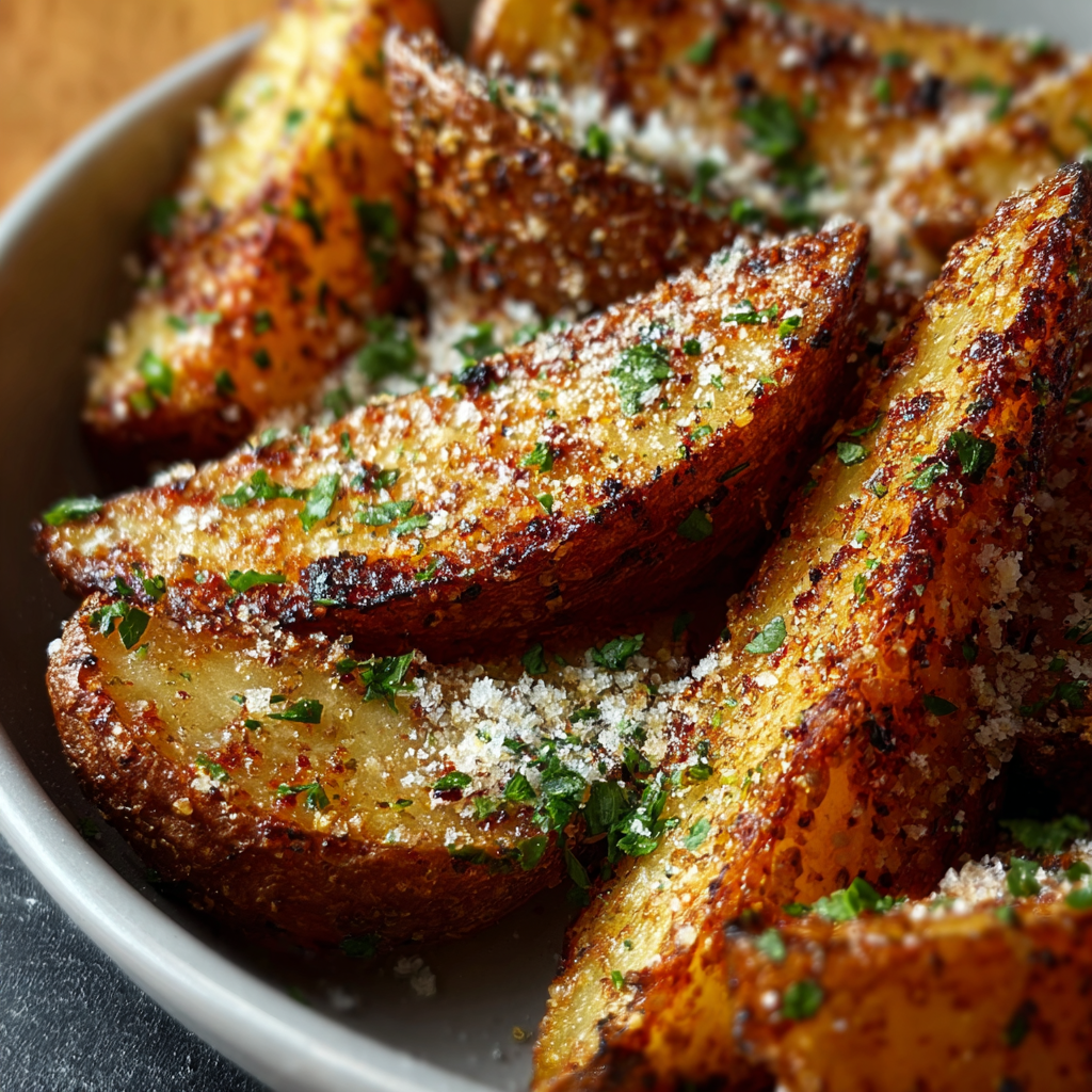 Close up of seasoned potato wedges with parmesan