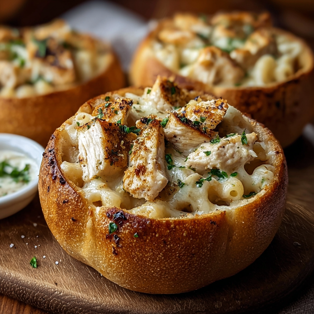Chicken Alfredo garlic bread bowl fresh out of oven