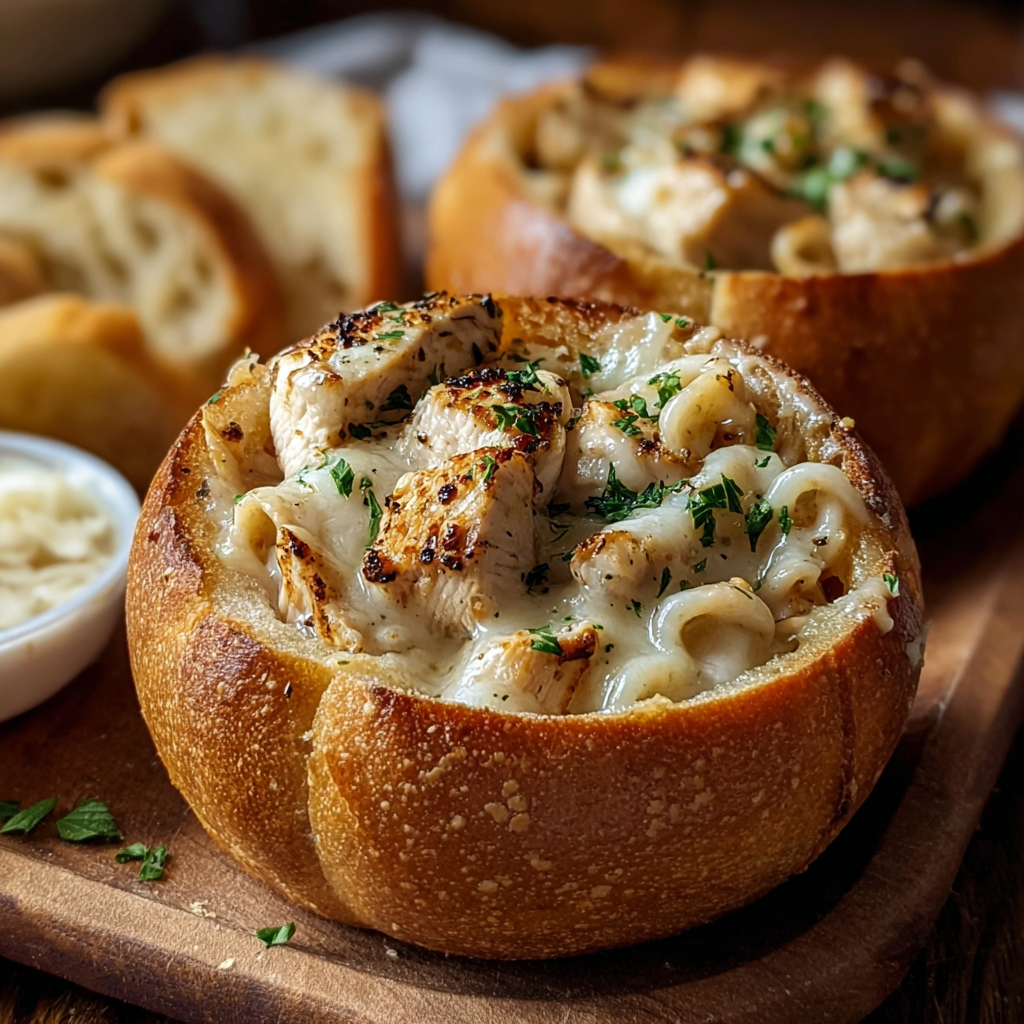 Close up of golden toasted bread bowl filled with creamy pasta