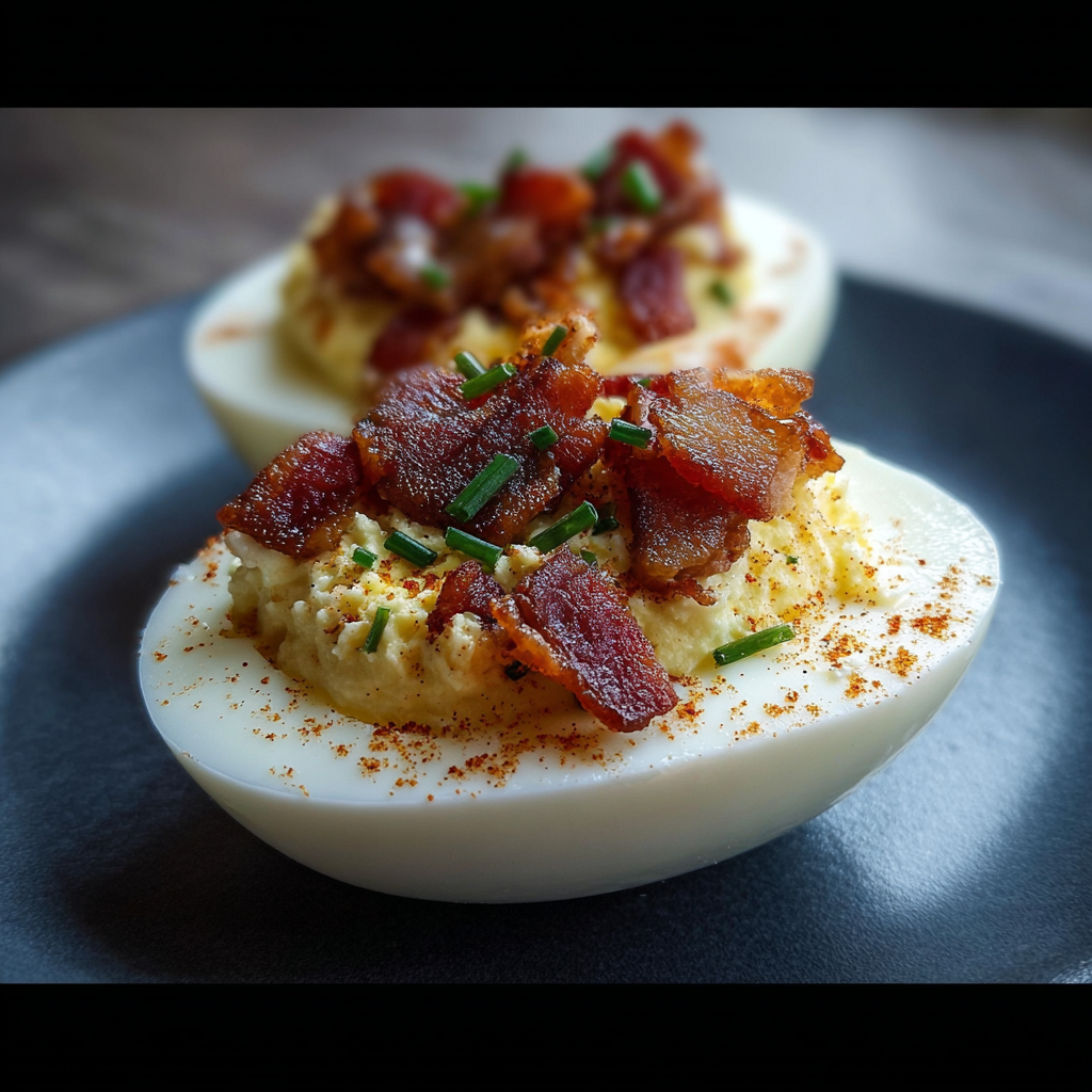 Boiled eggs with bacon on a serving platter