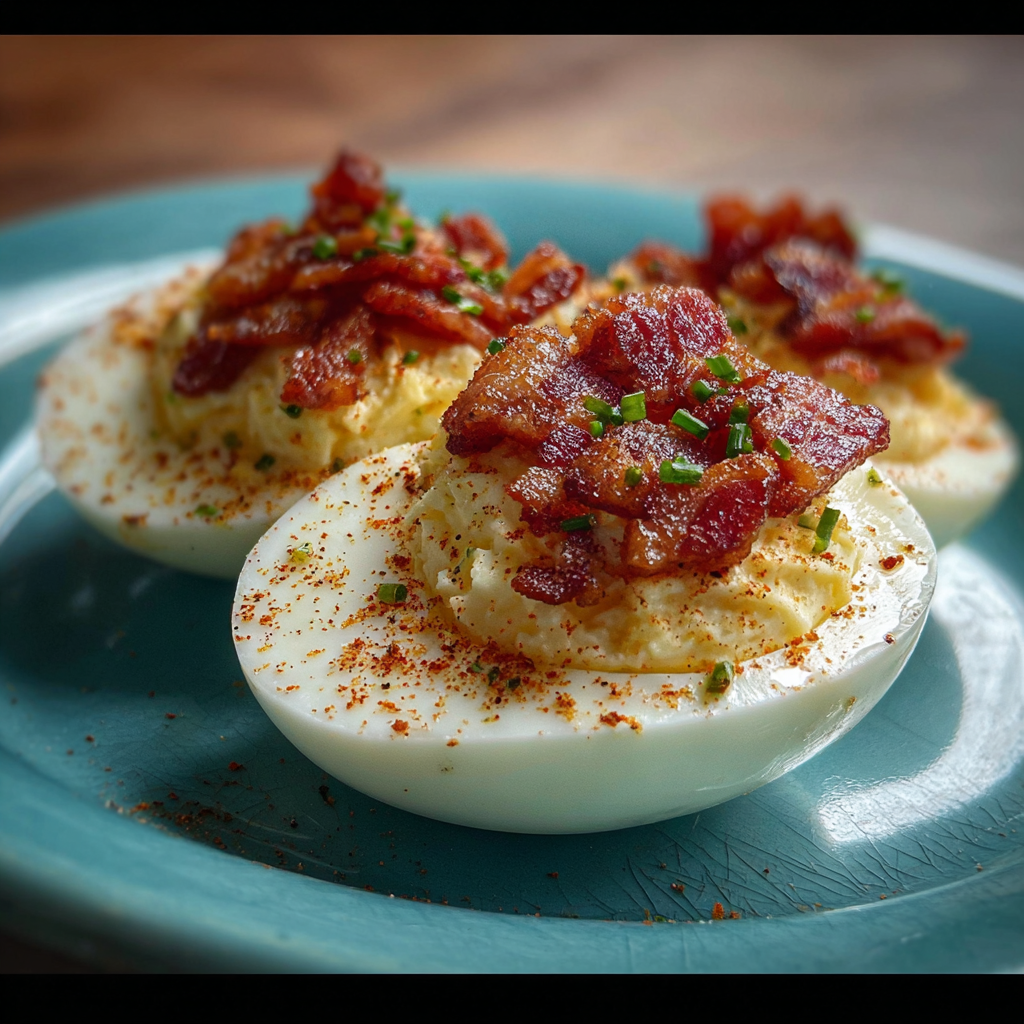 Close-up of a halved boiled egg topped with bacon and chives