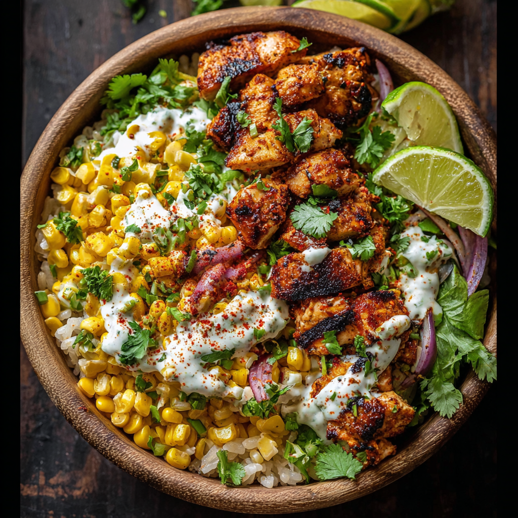 Street corn spooned into a bowl next to lime wedges