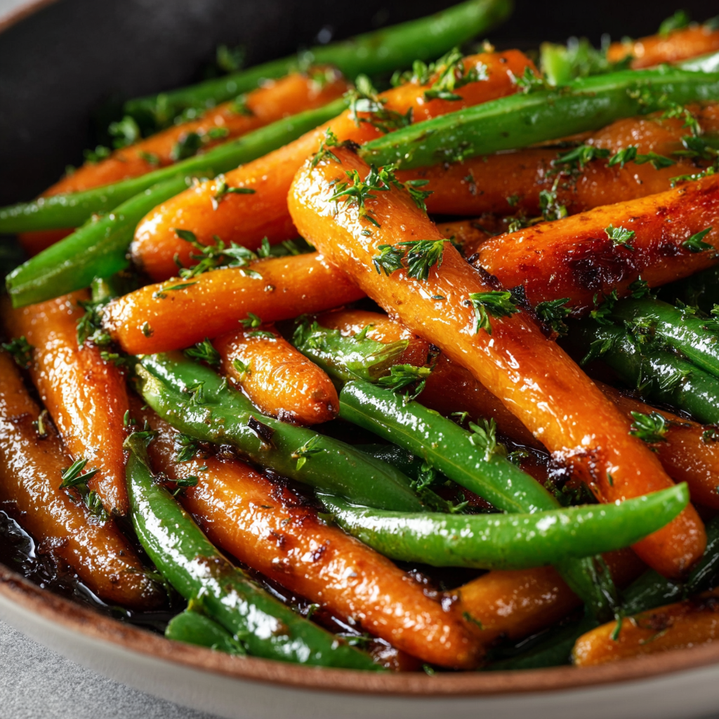 Honey glazed carrots and green beans on baking sheet