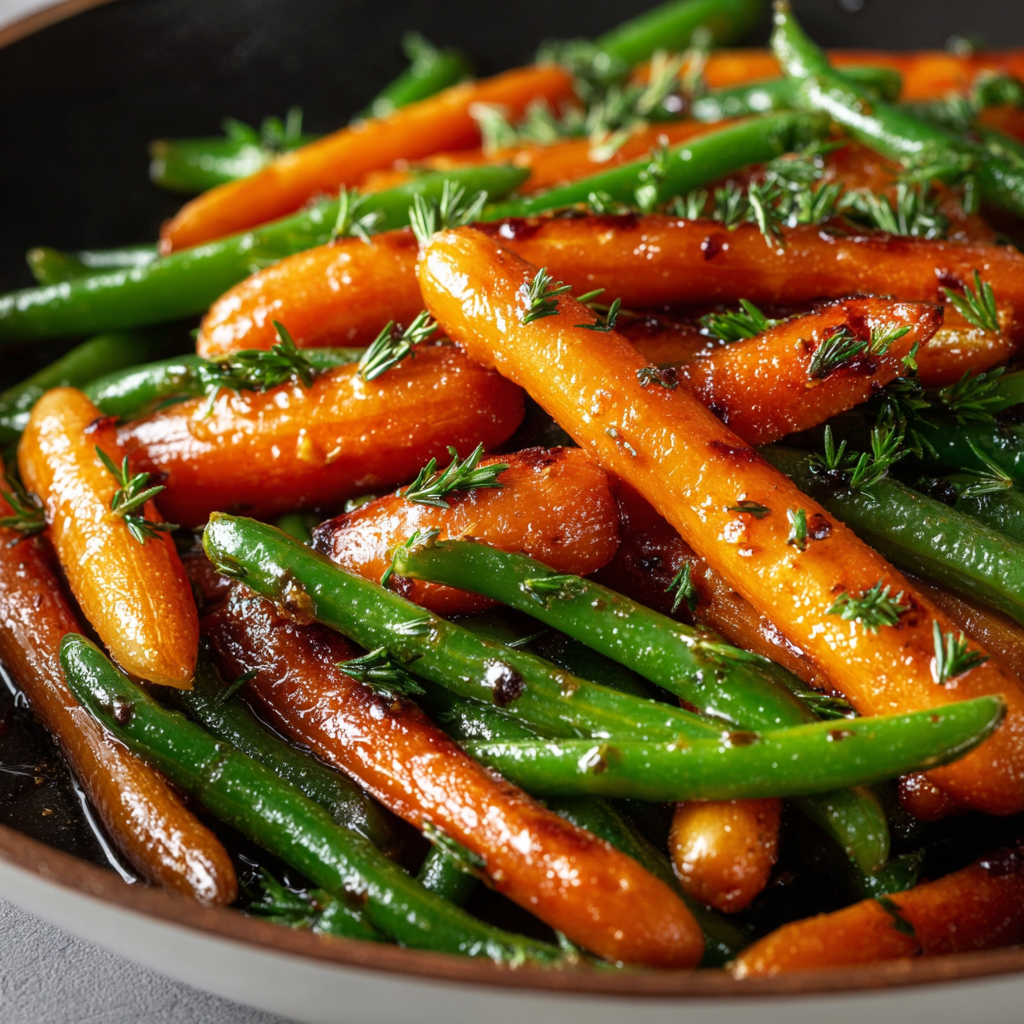 Close up of honey glazed carrots and green beans with parsley