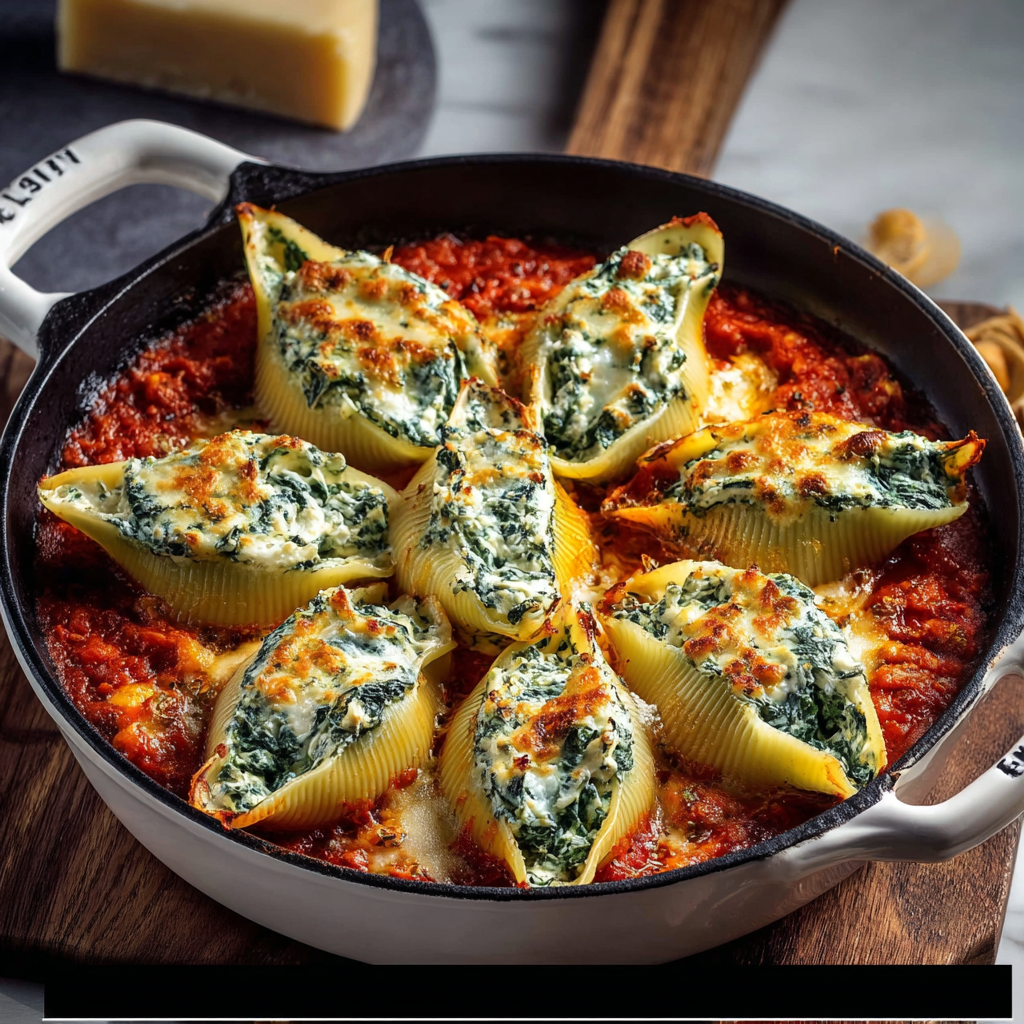 Finished spinach and ricotta stuffed shells in baking dish