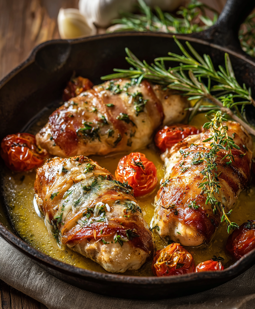 Chicken saltimbocca searing in a skillet