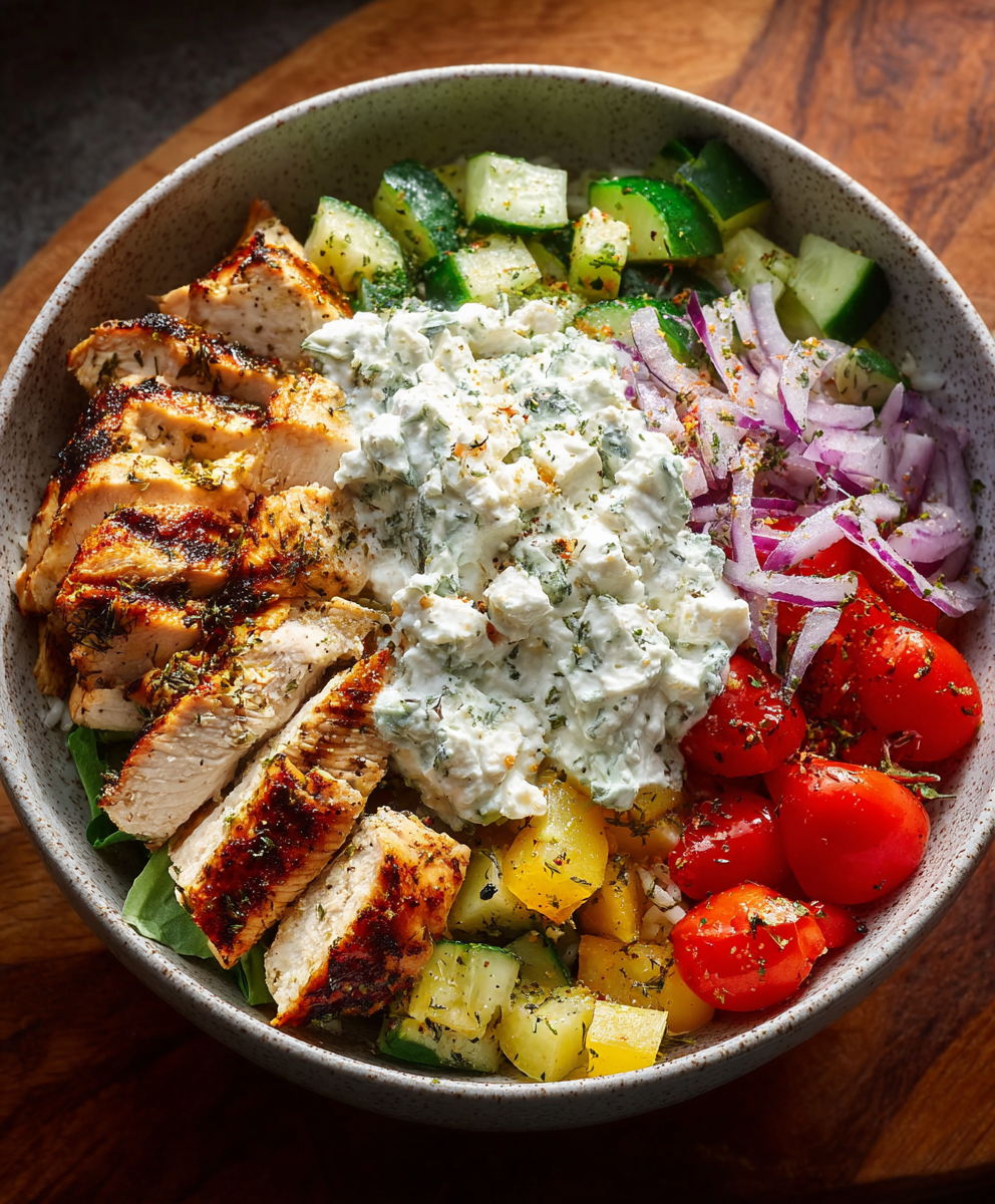 Grilled Greek chicken sliced and placed over a bowl with vegetables