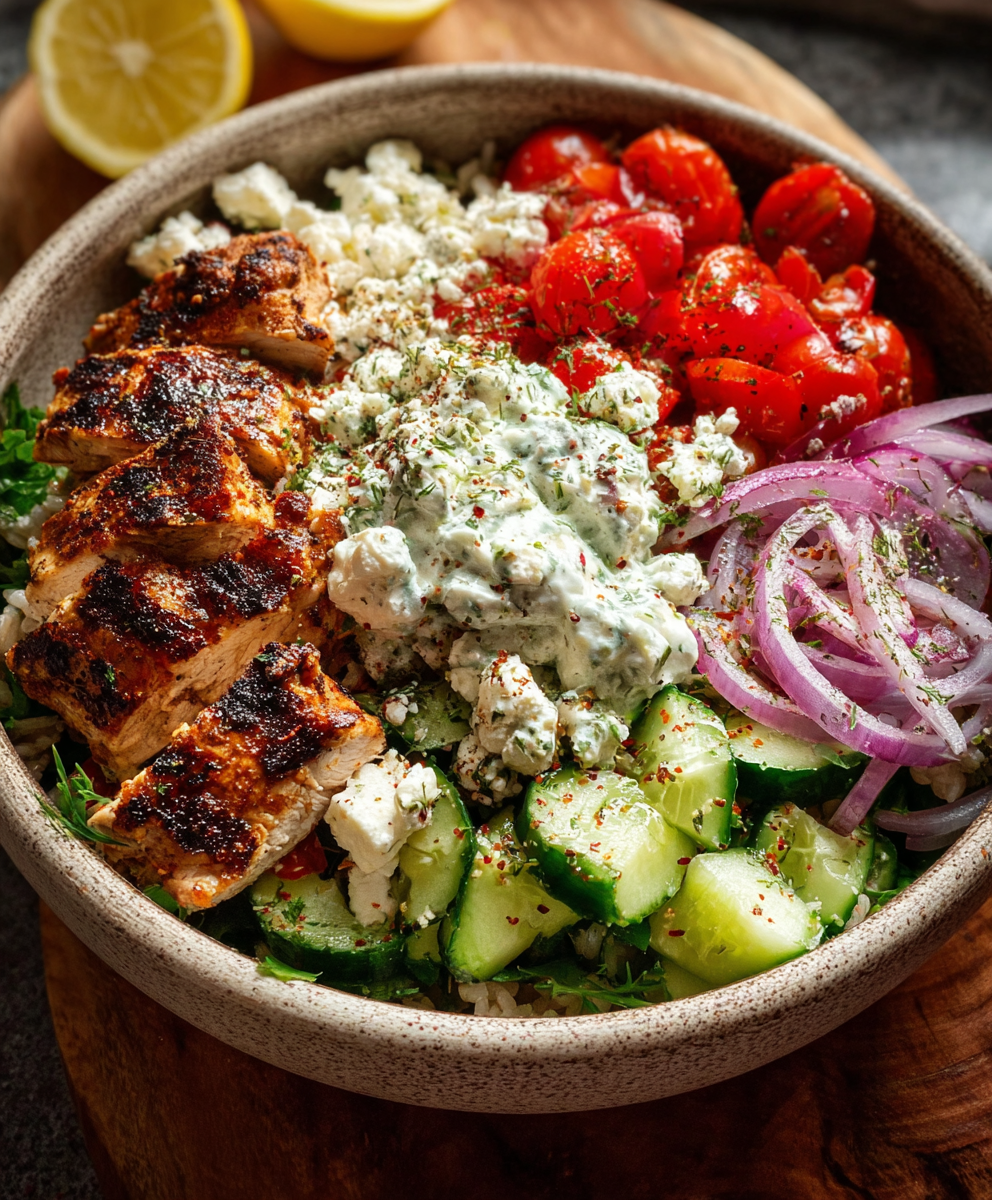 Completed Greek chicken bowl topped with tzatziki and crumbled feta