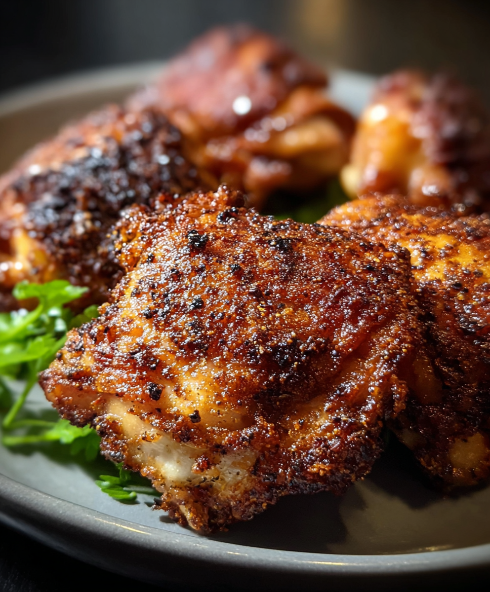 Coated chicken thighs arranged on a baking sheet