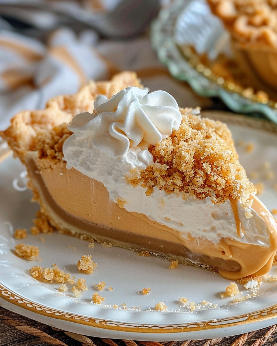 Amish Peanut Butter Cream Pie in a dish, topped with whipped cream and peanut crumbles