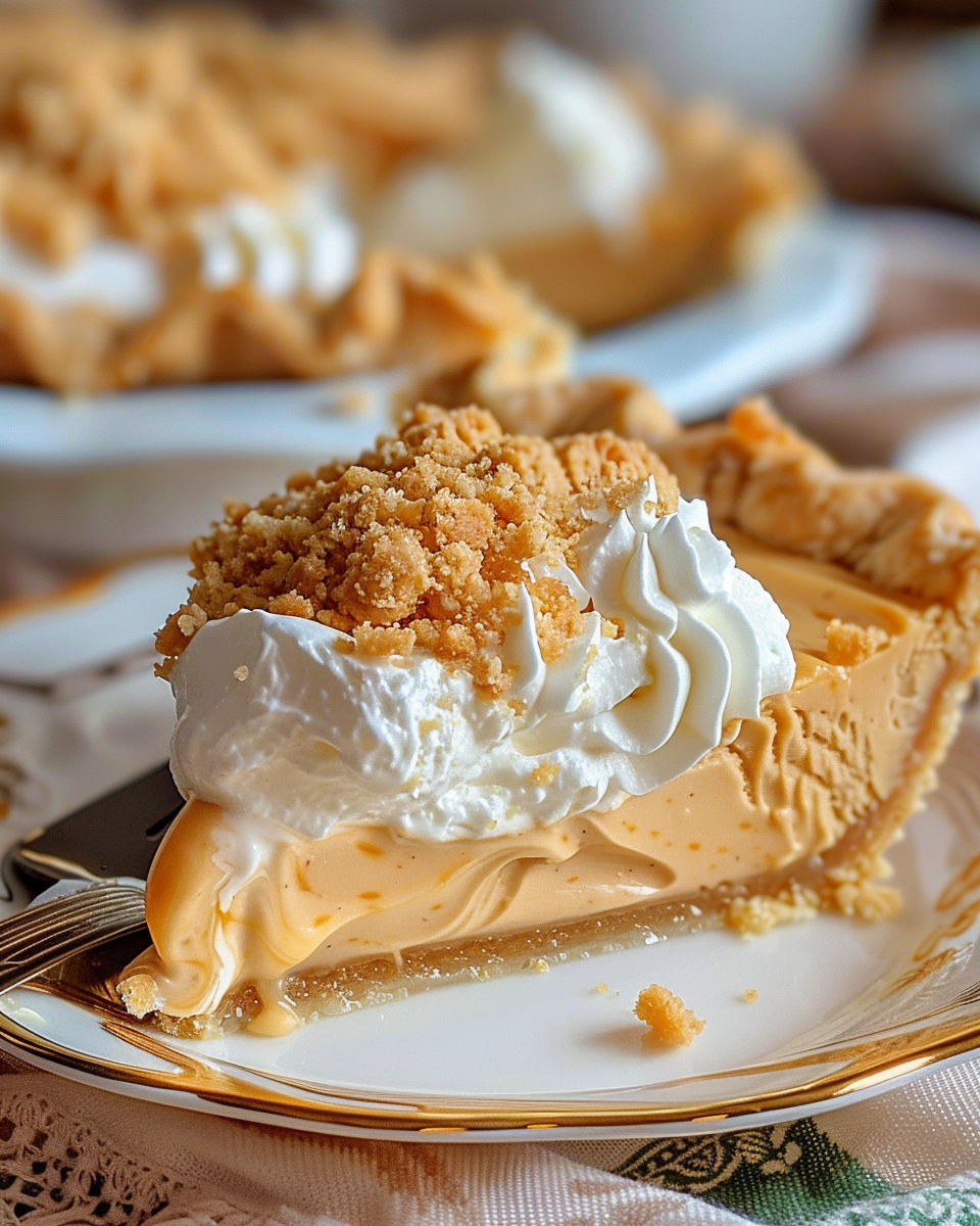 Slice of peanut butter cream pie on a plate with fork