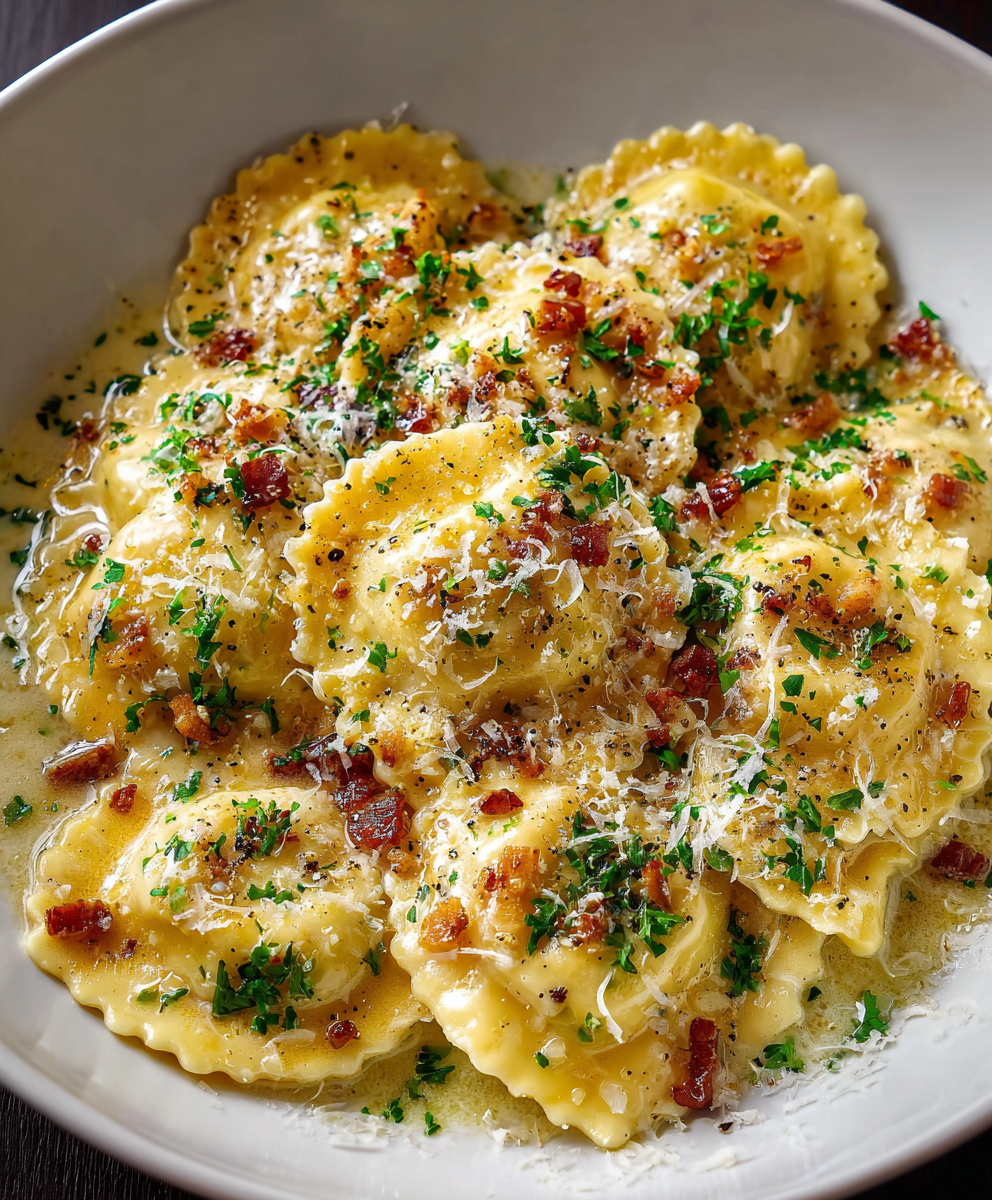 Olive Garden–Style Ravioli Carbonara