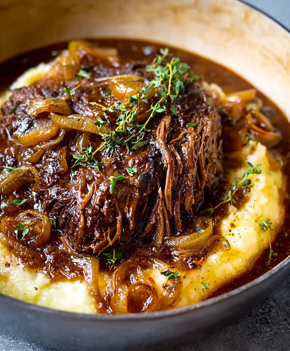 Pot roast braising with onions and wine