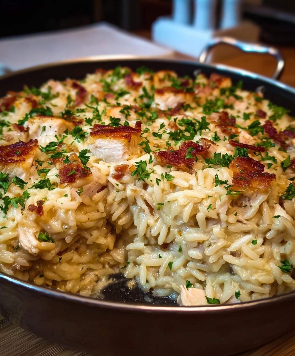 Creamy chicken and rice casserole in a baking dish