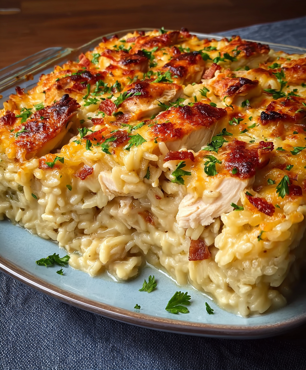 Serving scoop of chicken Alfredo rice casserole