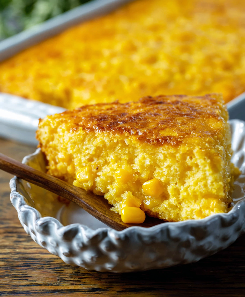 Creamy corn casserole being scooped