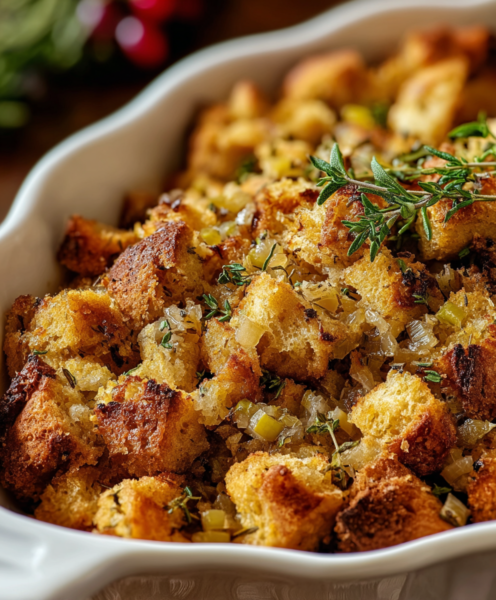 Stuffing baking in a casserole dish with a golden top