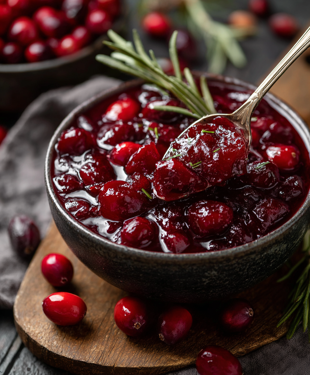 Simmering cranberry sauce in a saucepan