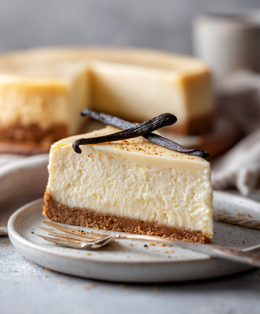 Vanilla Bean Brown Butter Cheesecake slice on plate