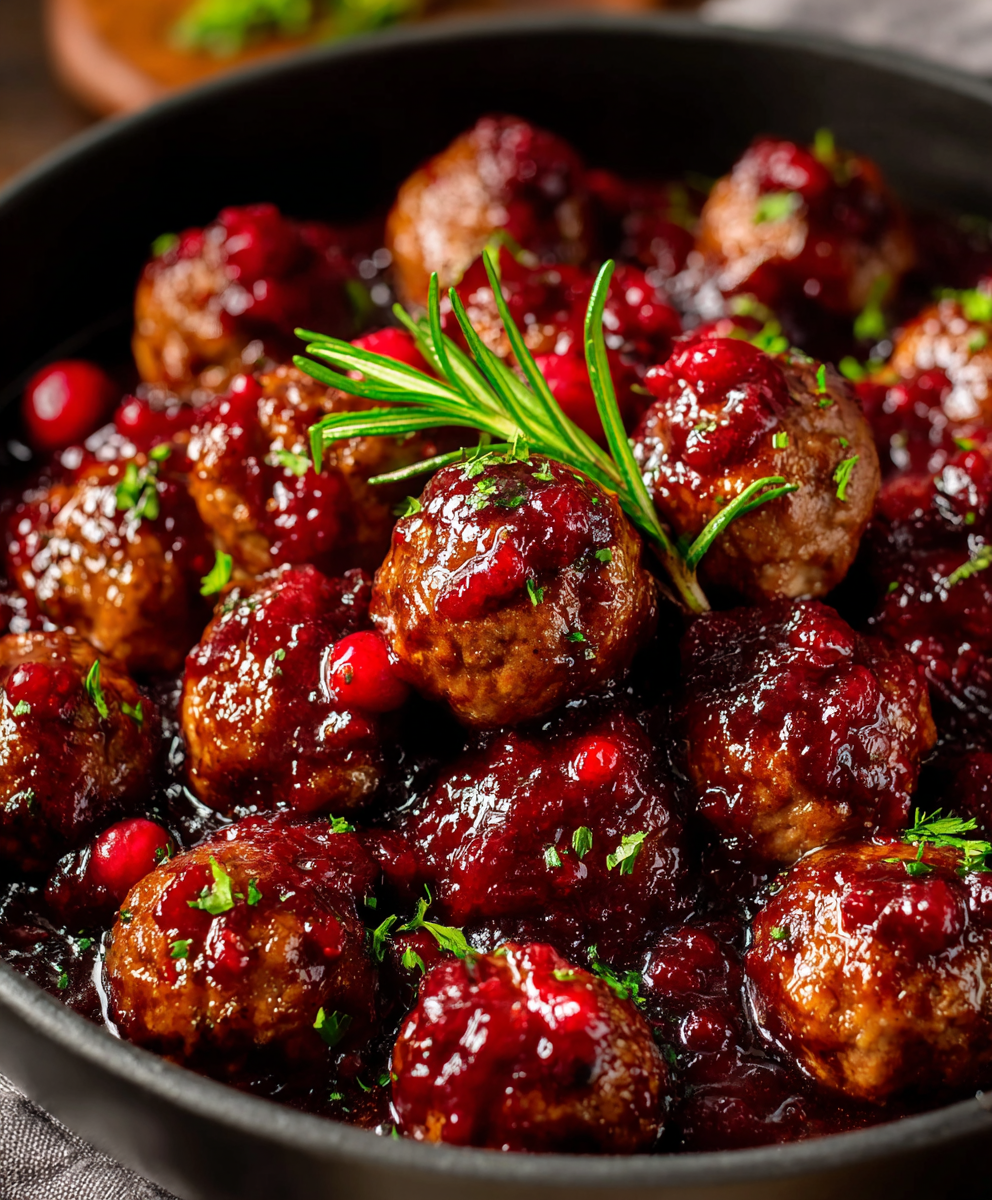 Cranberry meatballs glazed and plated for serving