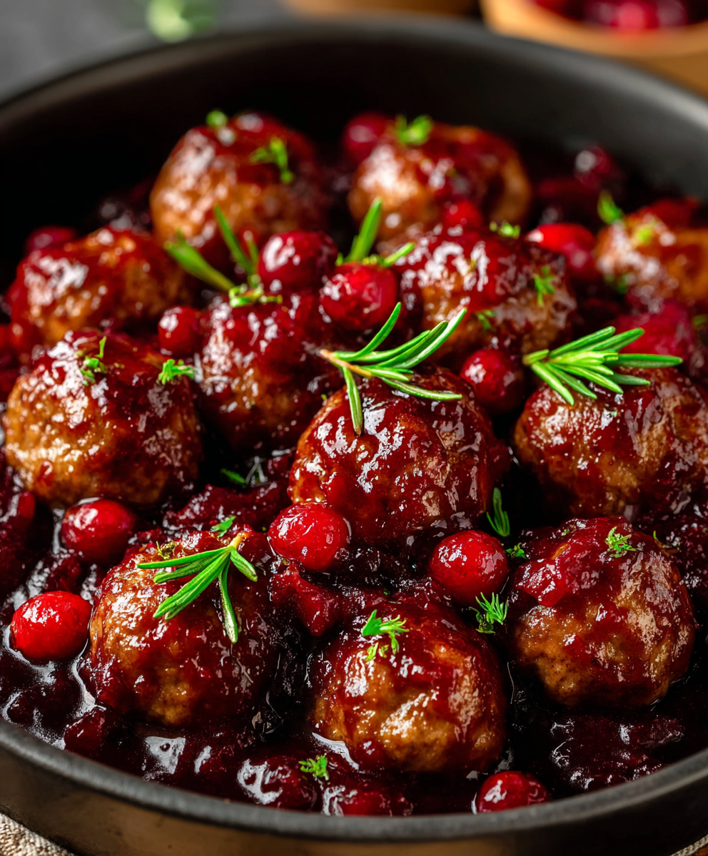 Frozen meatballs simmering in cranberry sauce