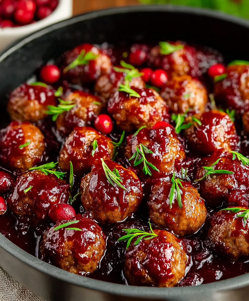 Close up of cranberry meatballs with garnish