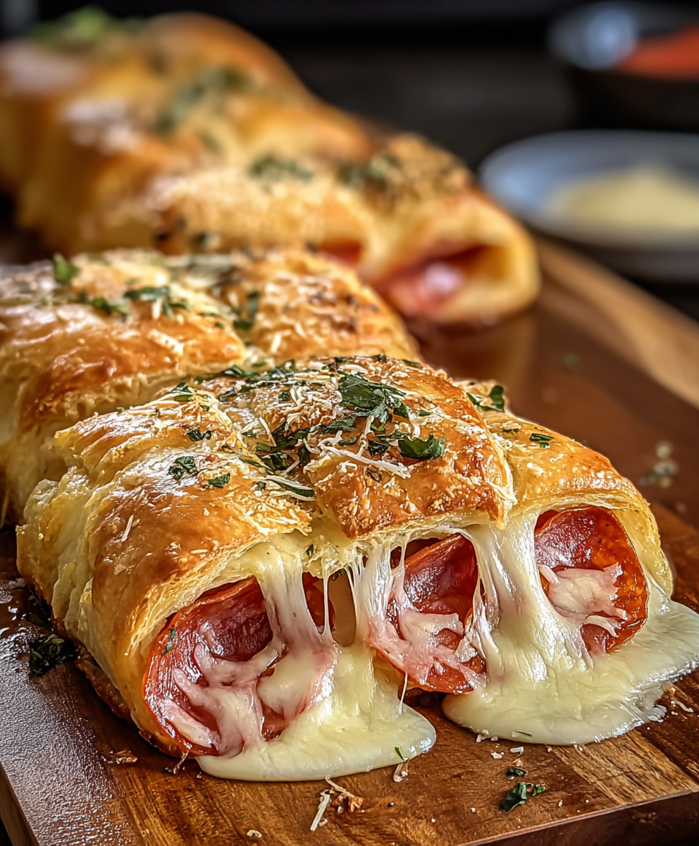 Sliced Italian crescent bake with melted provolone