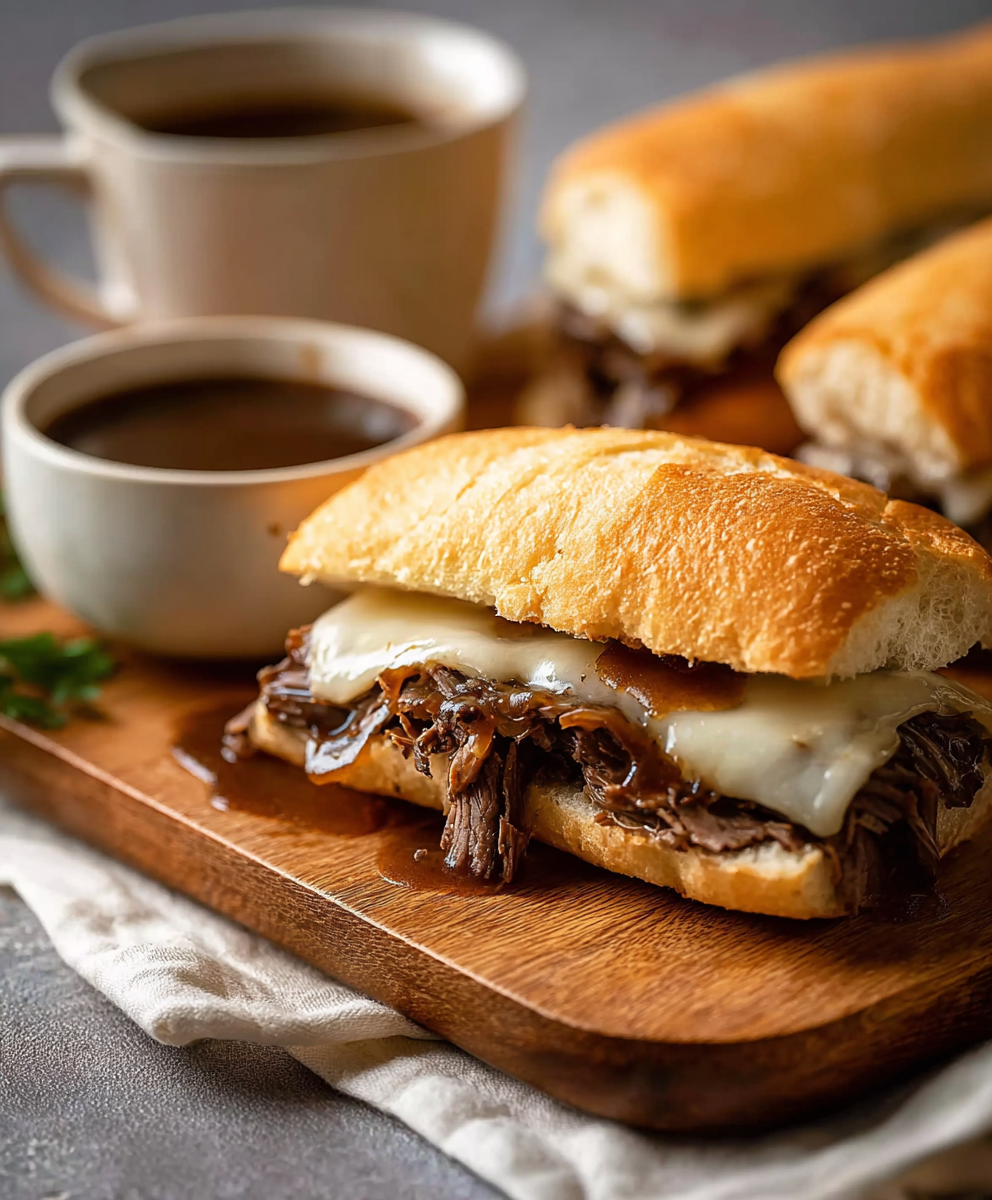 Shredded beef piled on toasted rolls with melted cheese
