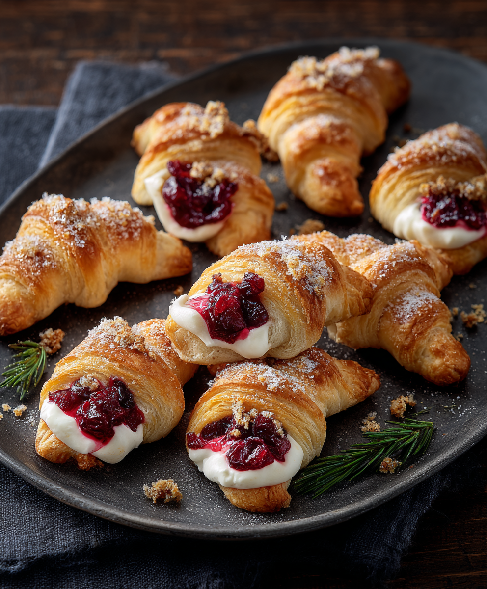 Tray of golden crescent cups filled with cream cheese and cranberry