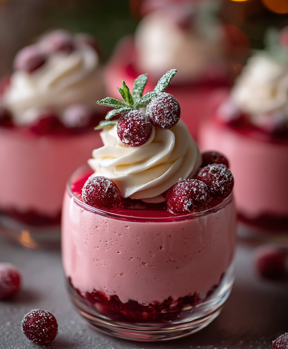 Hands piping vanilla mousse over cranberry layer