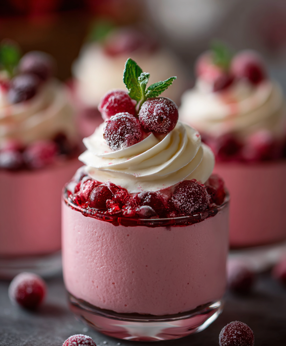 Finished cranberry mousse cups topped with sugared cranberries