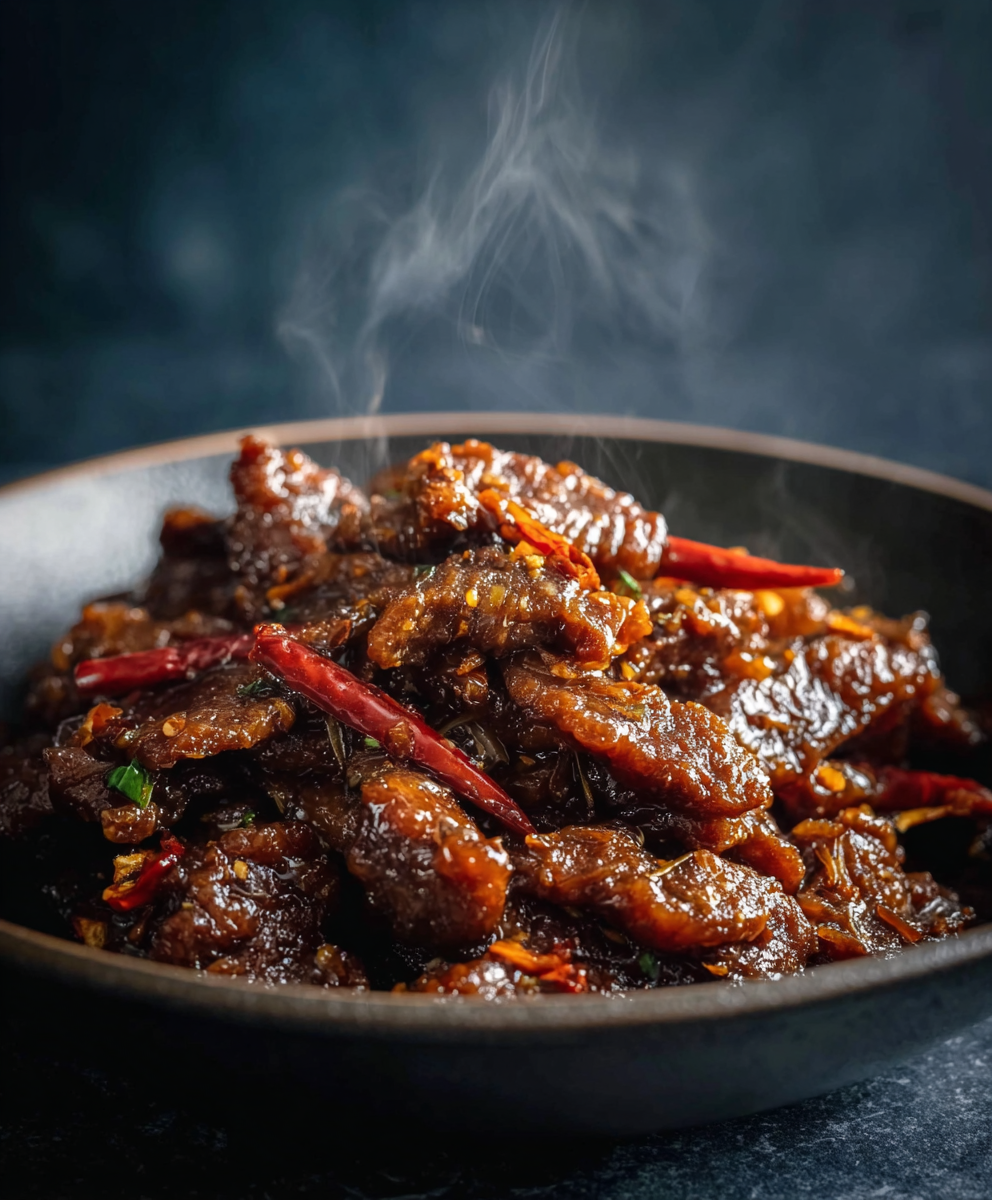 Sliced beef and ingredients on a cutting board