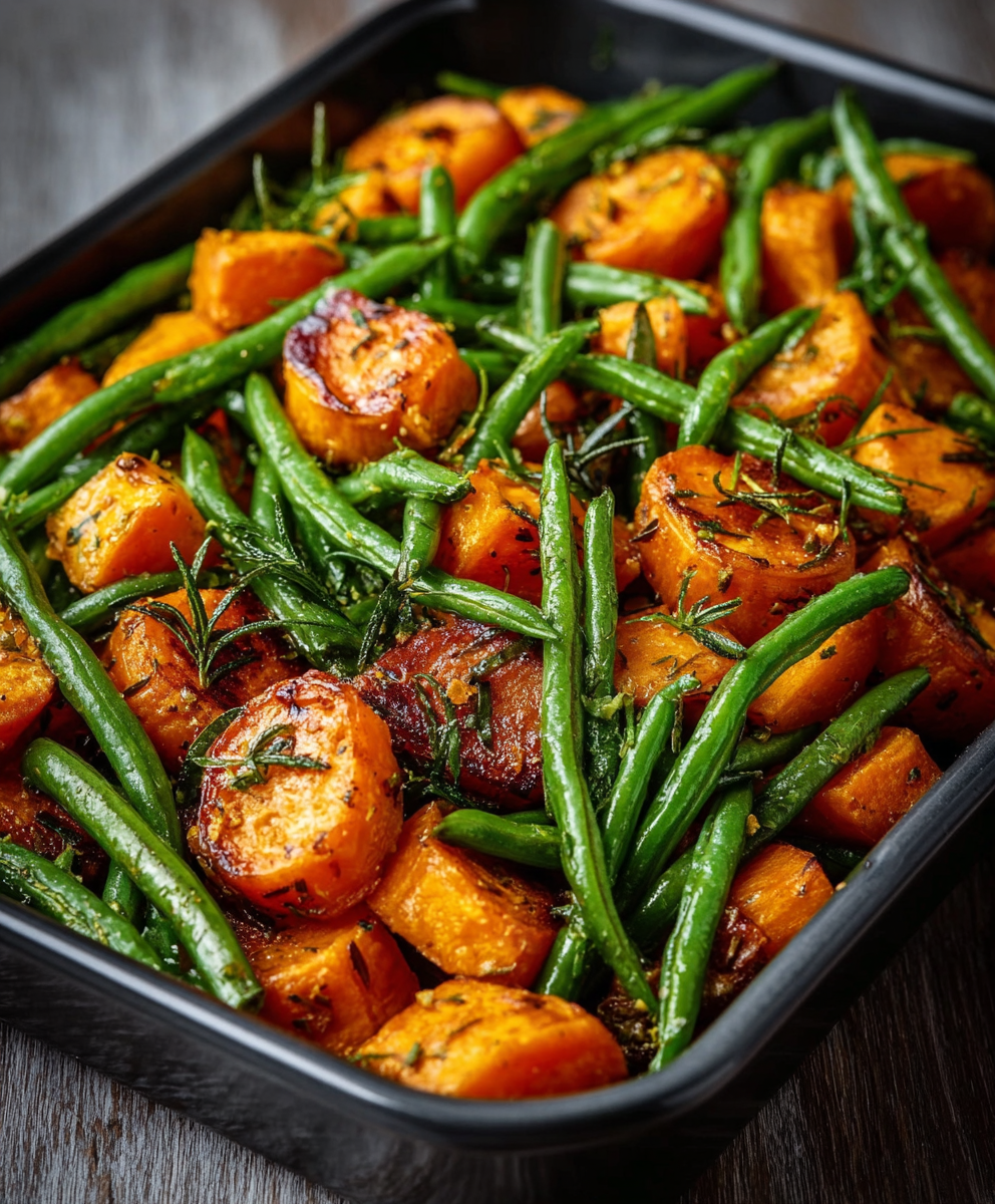 Sweet potato and green bean tray bake on a baking sheet