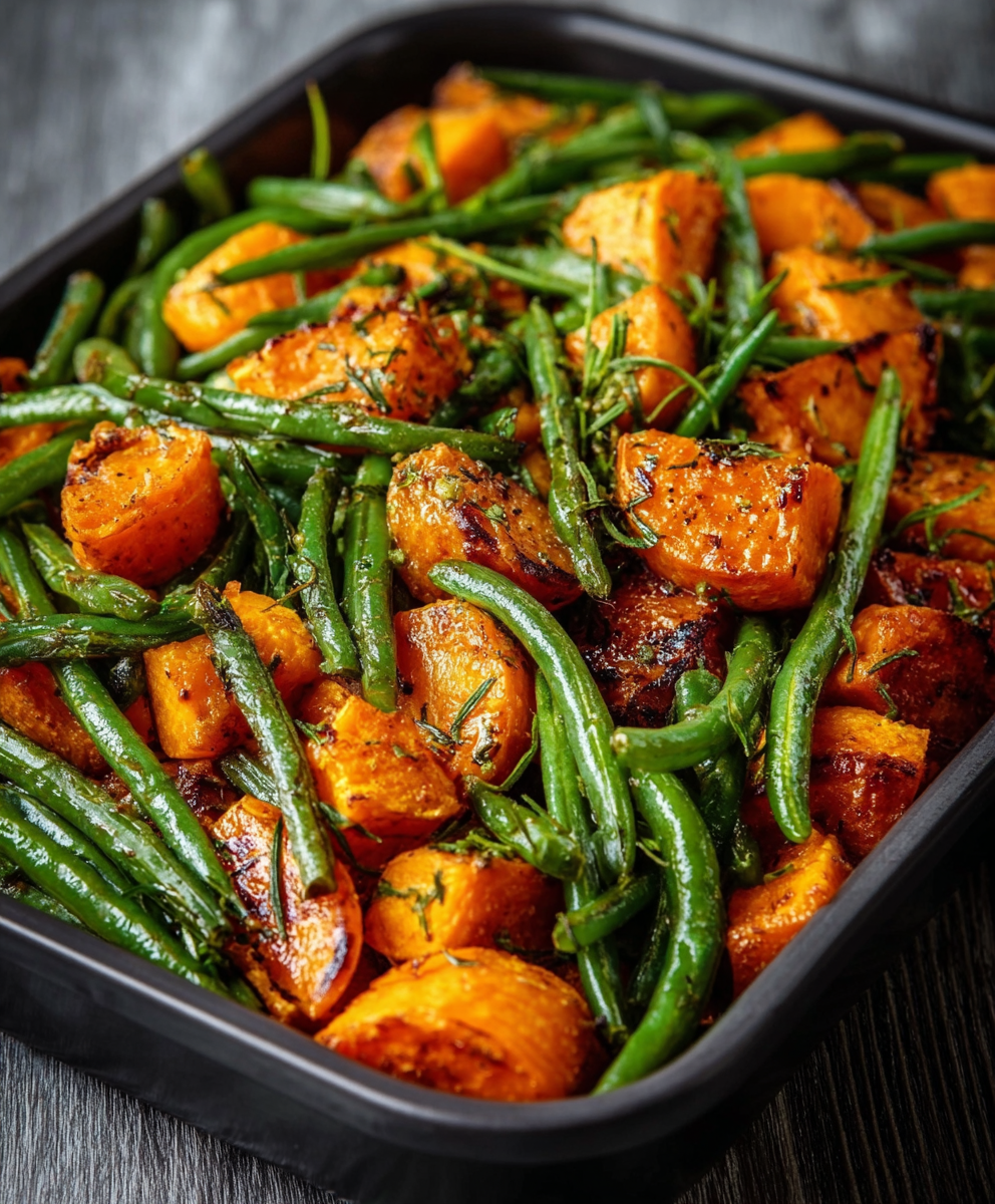 Close-up of roasted sweet potatoes and green beans