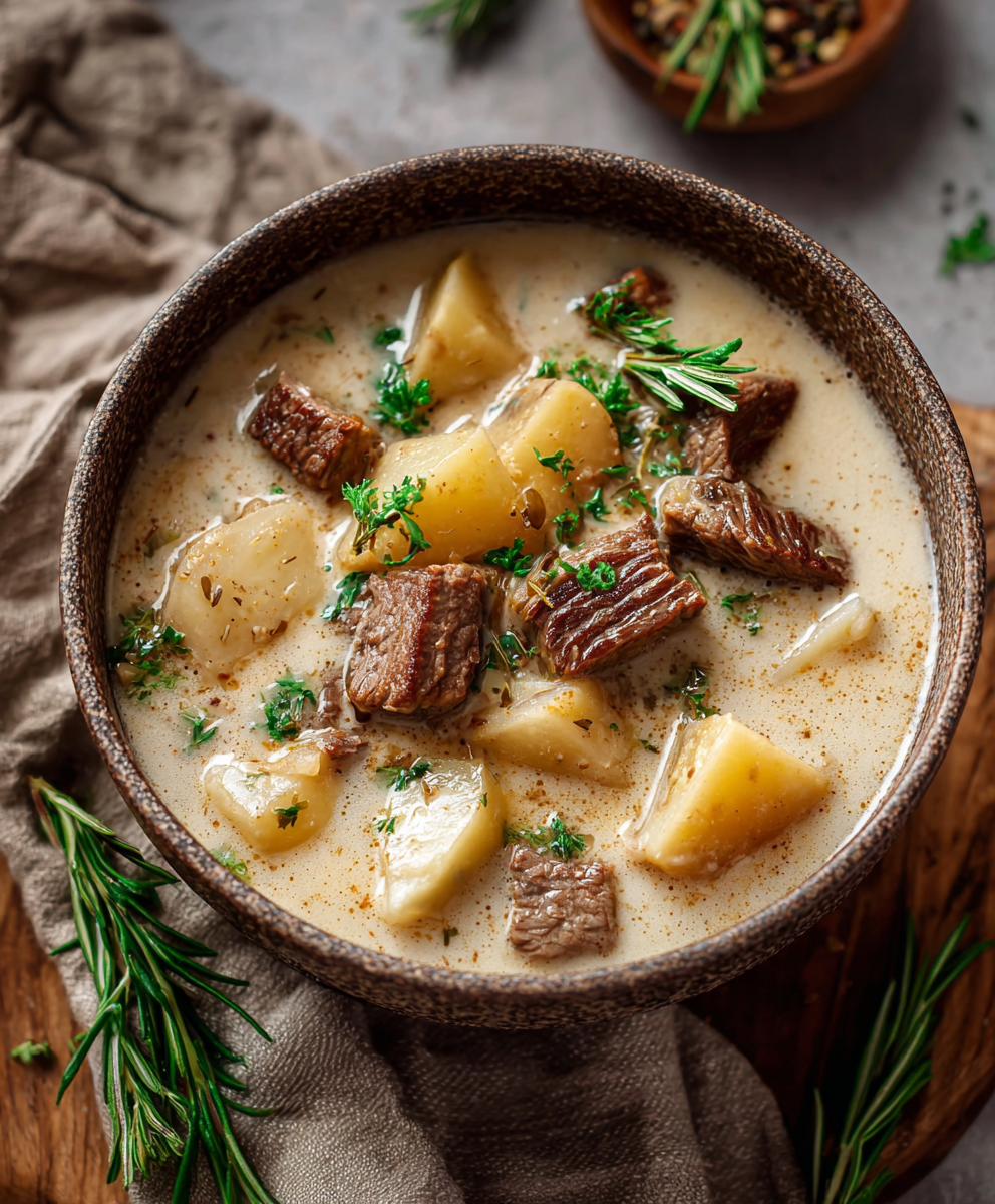Steak and potatoes in pot