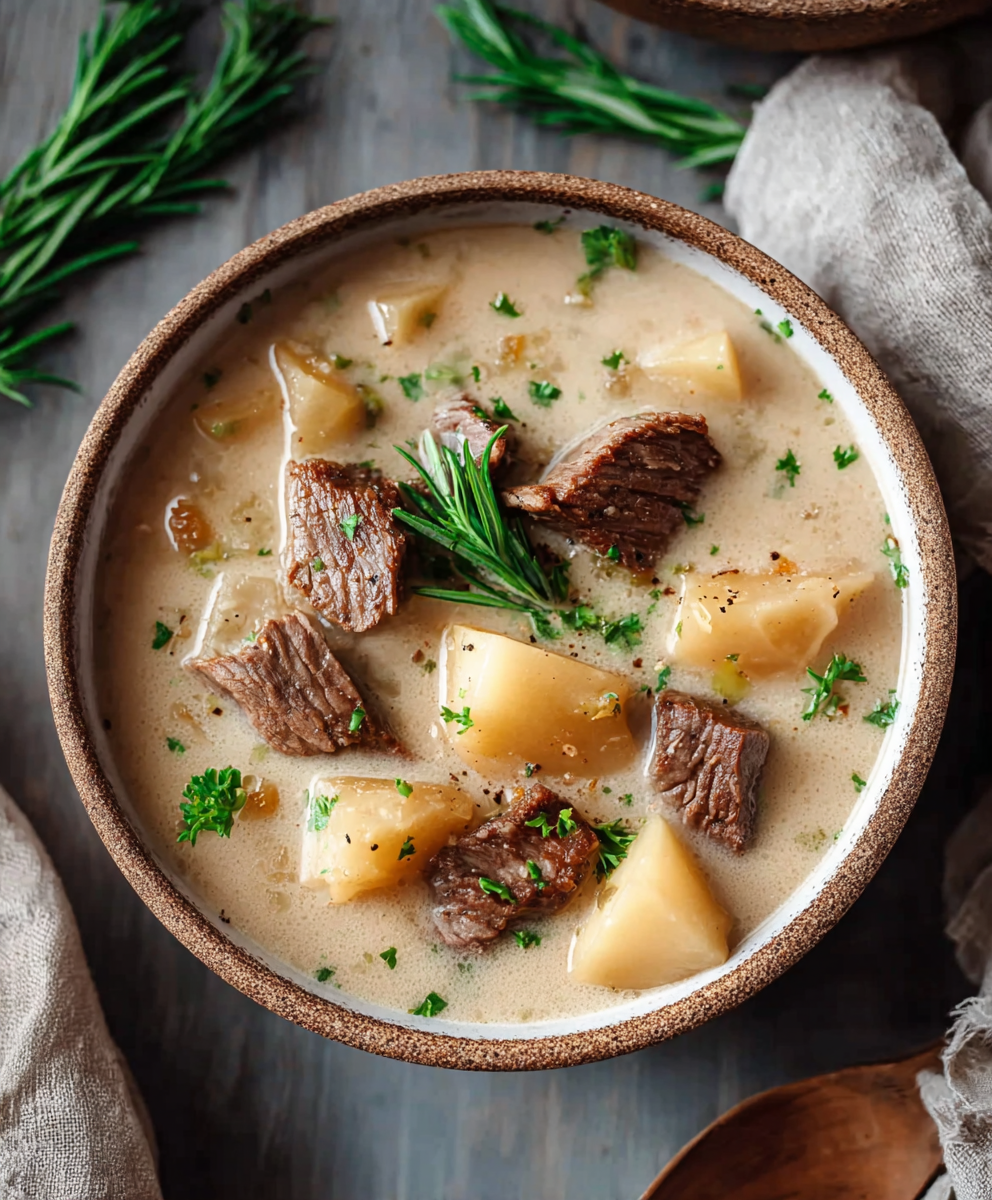 Close-up of creamy soup with herbs