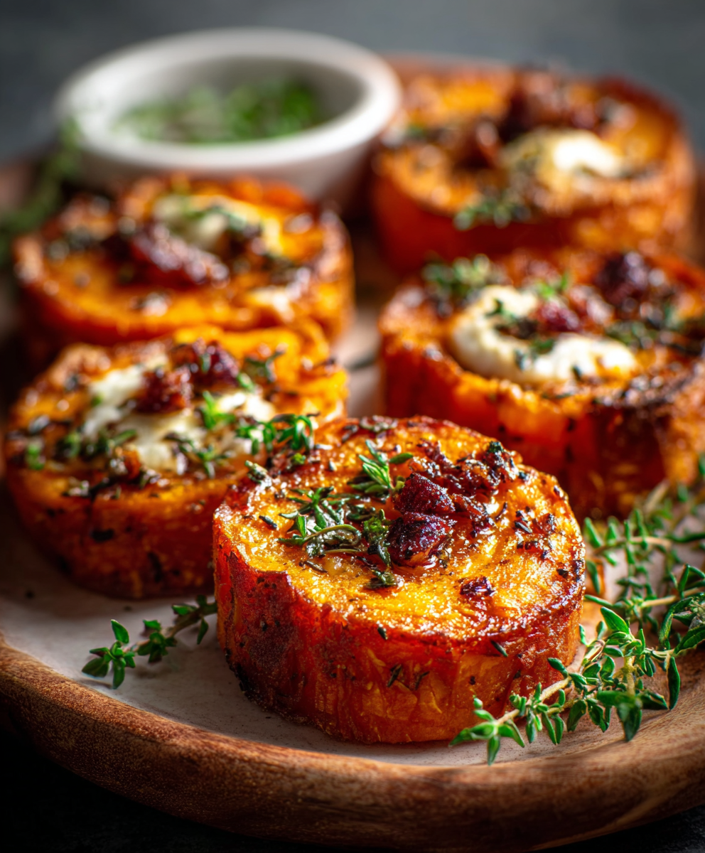 Platter of finished sweet potato rounds with ricotta and cranberries